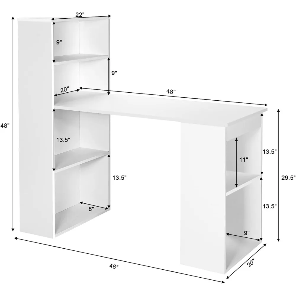 White Computer Desk with Bookshelf,Storage Shelves & CPU Stand,Sturdy Desk for Home Office Writing Workstation