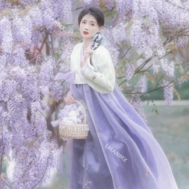 Hanbok dress Women Violet Embroidered Korean Costume Female Korean Palace Photography Travel Hanbok Dance Performance Costume