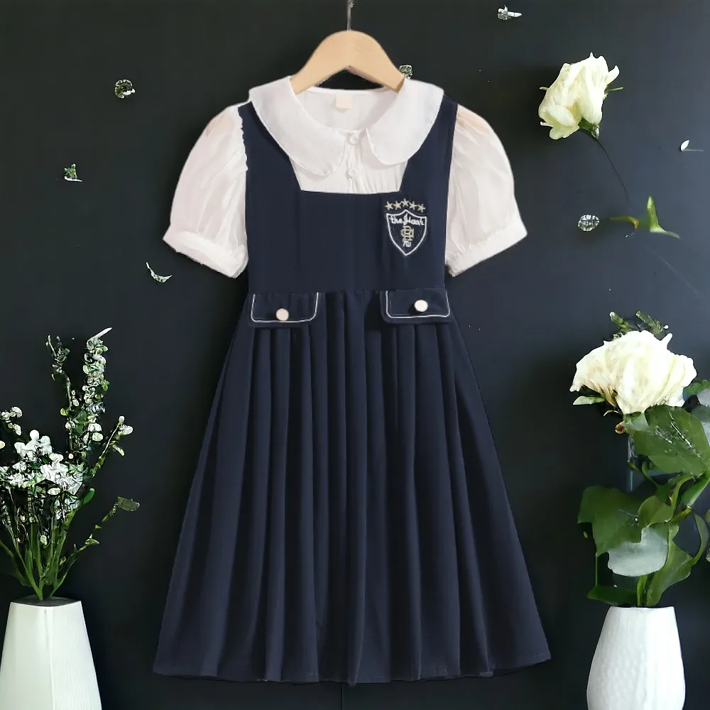 Summer School Uniform Girls Dresses Suit Outfits Teenager Baby Clothes White Shirt & Dress Kids Costumes 6 7 8 9 10 11 13 Years