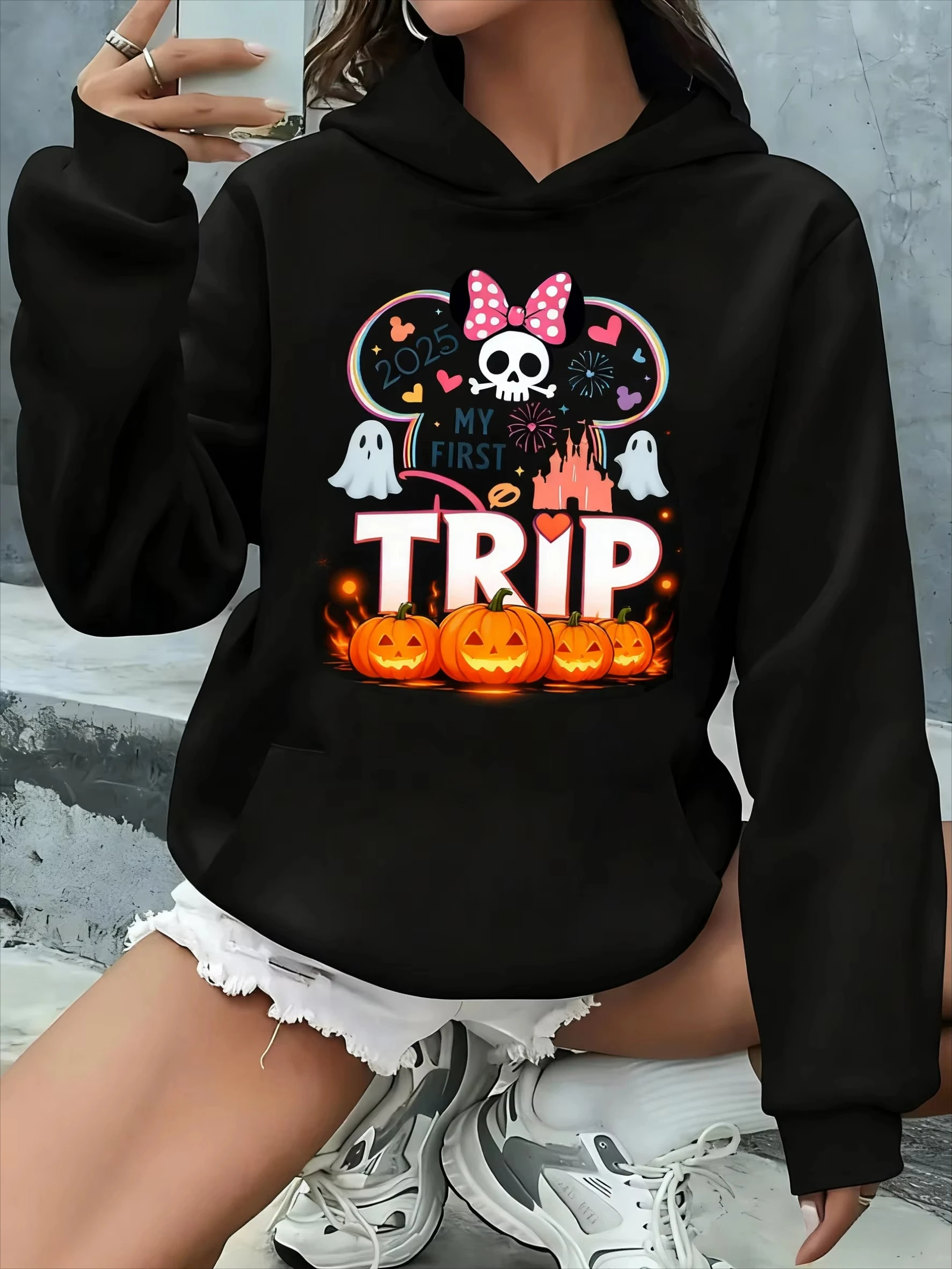 ديزني جودة عالية هالوين ميكي ماوس طباعة المرأة هوديي هوديي أزياء السفر هوديي أربعة مواسم عارضة الحرارية هوديي