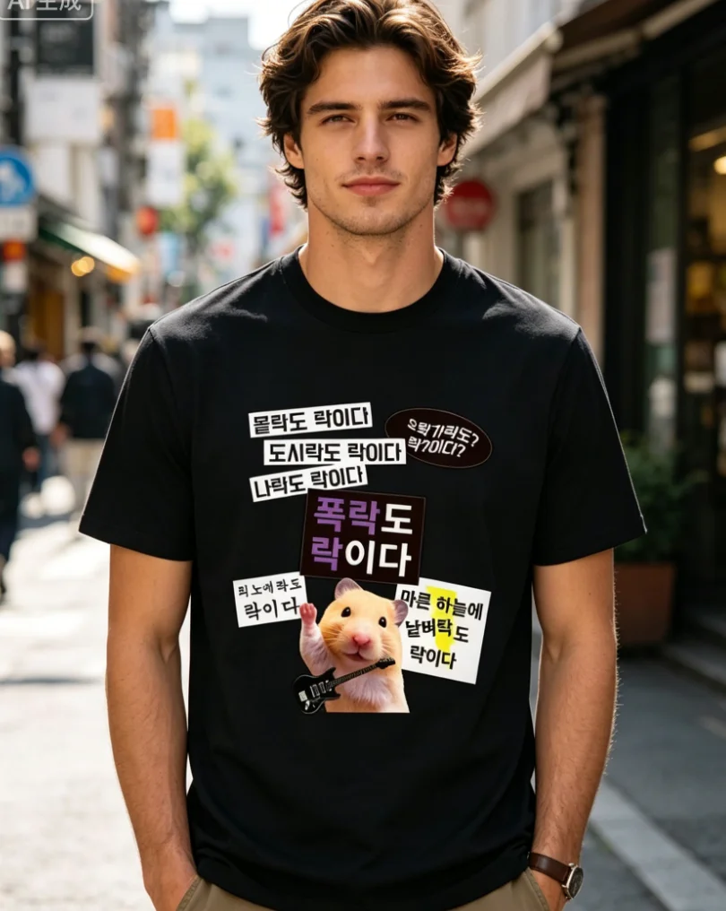 Unisex Korean Rock Slogan Hamster Guitar Graphic T-Shirt Vintage Short Sleeve Top Soft Comfortable Casual Summer Wear Korean Tee