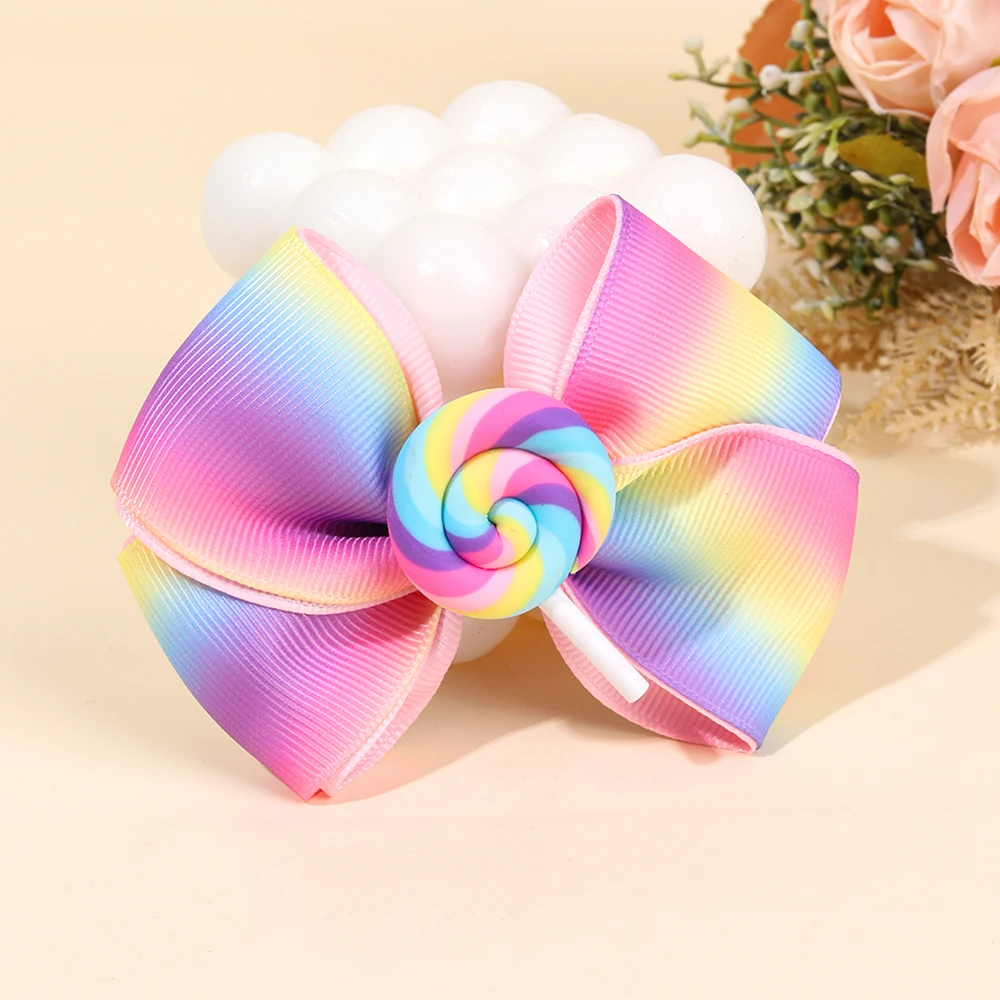 ncmama 2PCS Lovely Lollipop Hair Bow Clips Sweet Girls Candy Hairpins Rainbow Ribbon Bowknote Barrettes Kids Hair Accessories