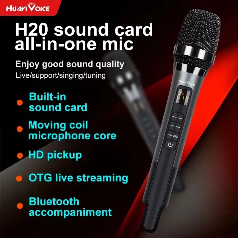BOLRZO Wireless sound card microphone, handheld microphone, built-in sound card reverb, suitable for mobile karaoke singing
