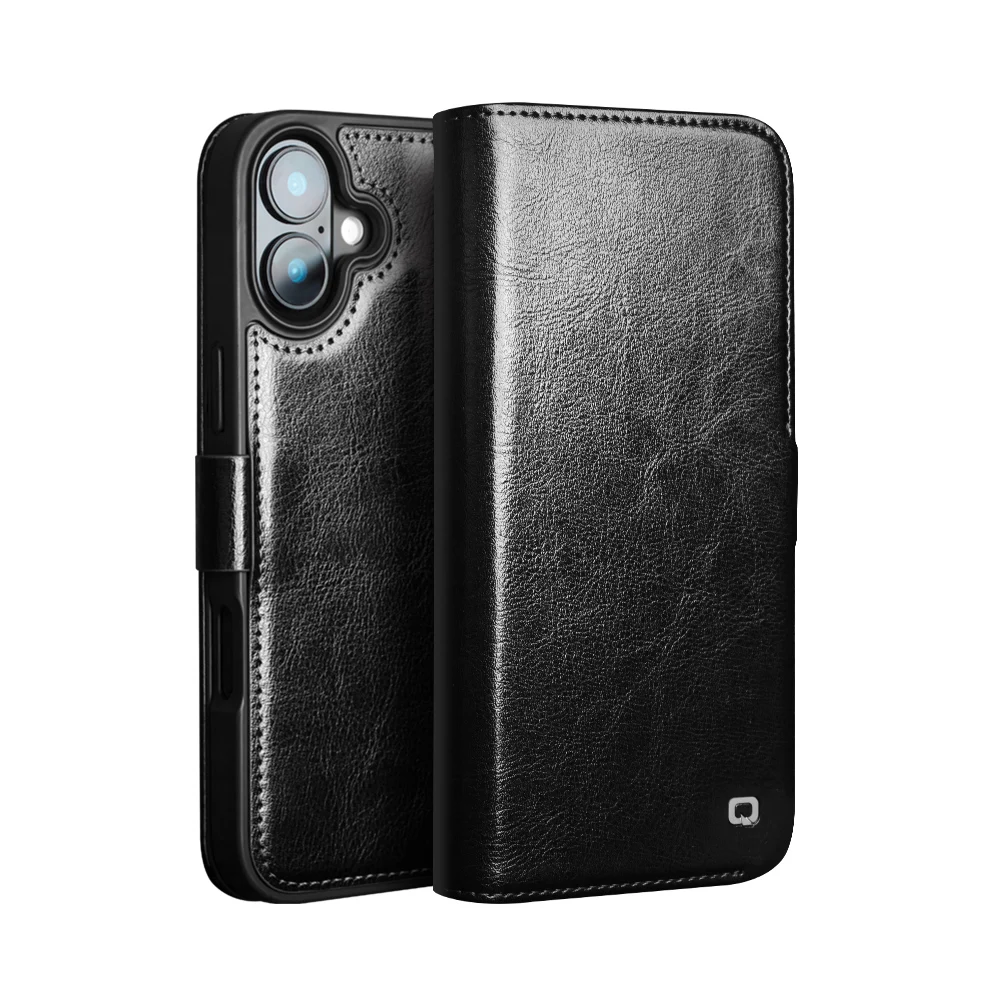 Qialino Flip Magnetic Button Phone Case For Apple Iphone 17 Air 15 16 Pro Max Premium Natural Cowhide Real Genuine Leather Cover