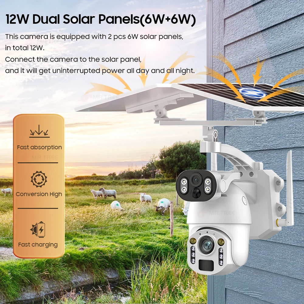 4K 50X Optical Zoom Dual Lens Outdoor Solar Camera 8MP 4G Sim Card PTZ Surveillance WIFI Security Humanoid Tracking CCTV IP Cams