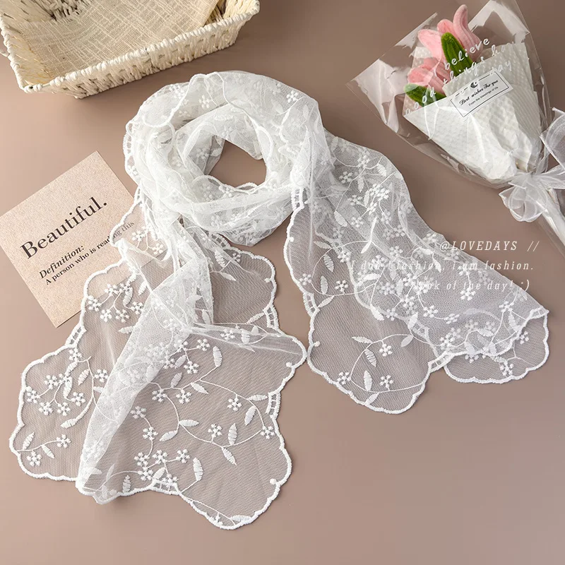 Lace Vine Embroidery Long Scarf for Women Korean Style Hair Band Head Wrap Soft Mesh Tulle Multicolor Standard Size
