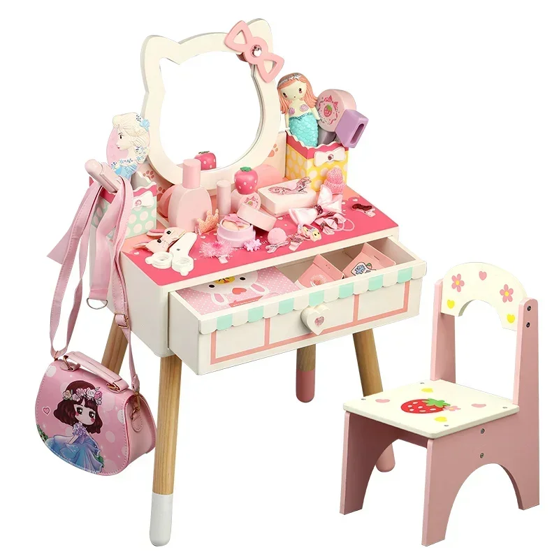 

Little girl children birthday gift simulation princess dresser dressing table jewelry box table playing house wooden toy