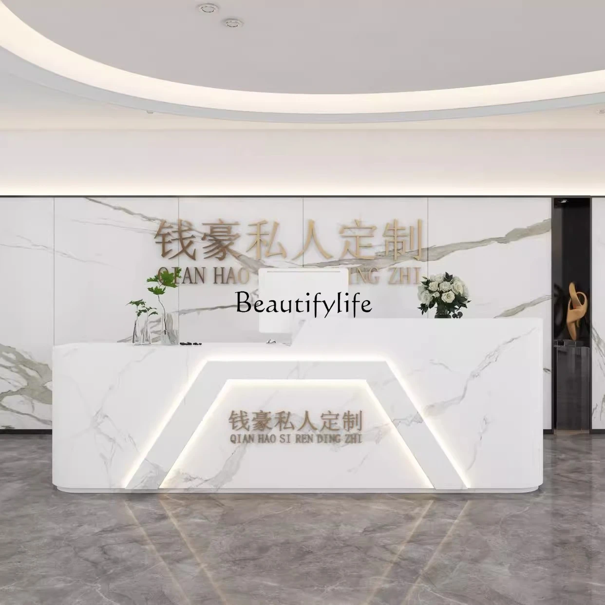 

High-end Lacquer Reception Desk Creative Beauty Salon Cashier Desk Curved Hotel Welcome Office Desk