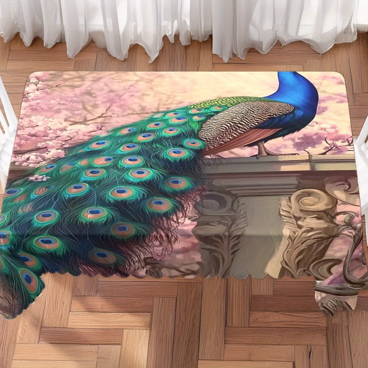 Peacock Cherry Blossom Tablecloth, Soft Rectangular Washable Table Cover for Daily Dining & Warm Family Gathering Decoration