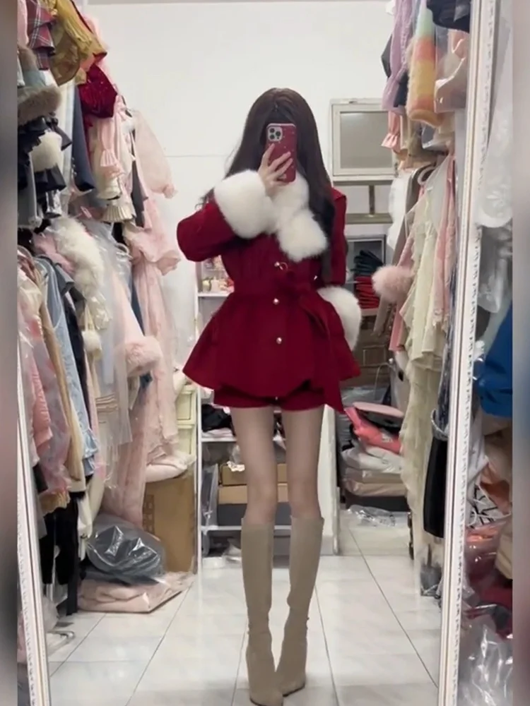 

XZY Sweet Wealthy Girl Fur Collar Red Cloak Coat Women's Autumn Winter New Style Year End Celebration Clothing plus Size