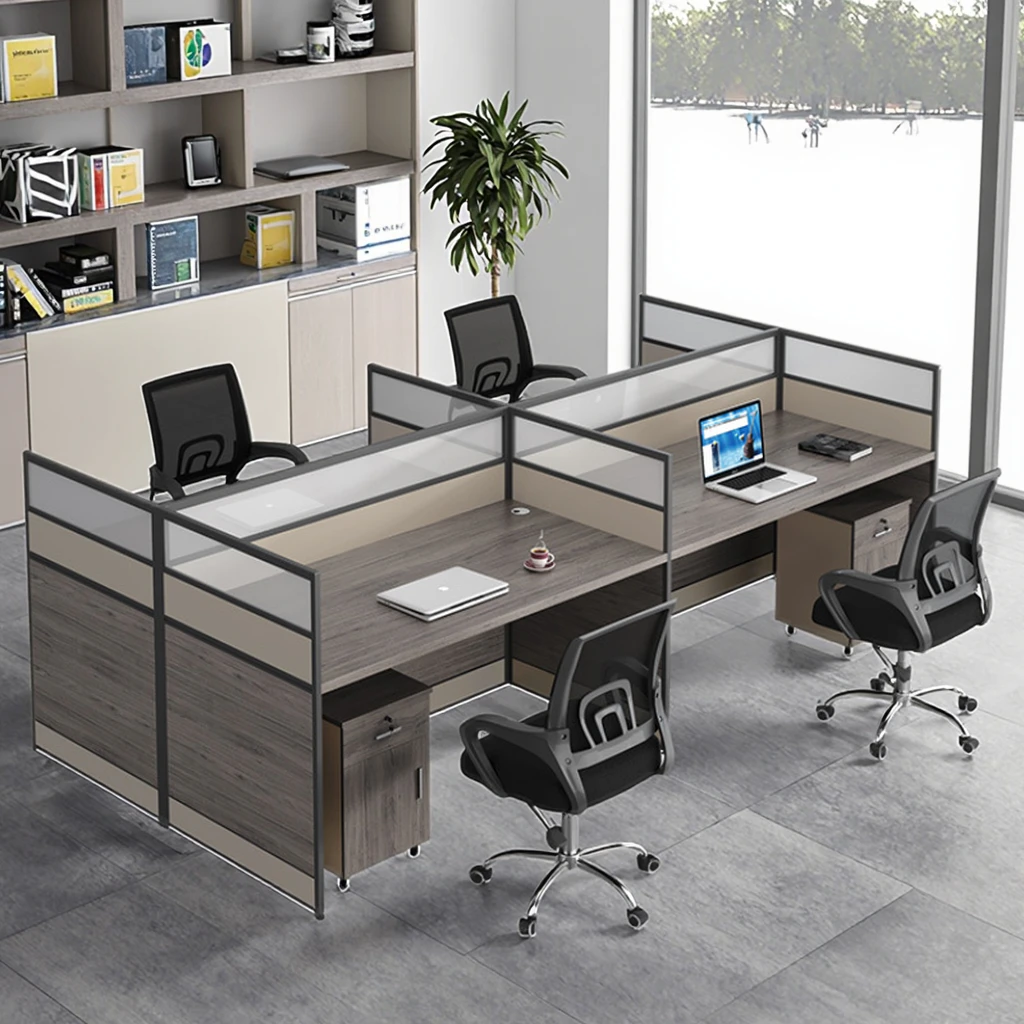 

Factory Wholesale 2.4m 4 Person Wooden Modular Workstation Desk Office Furniture Coworking Office Chair And Table Set