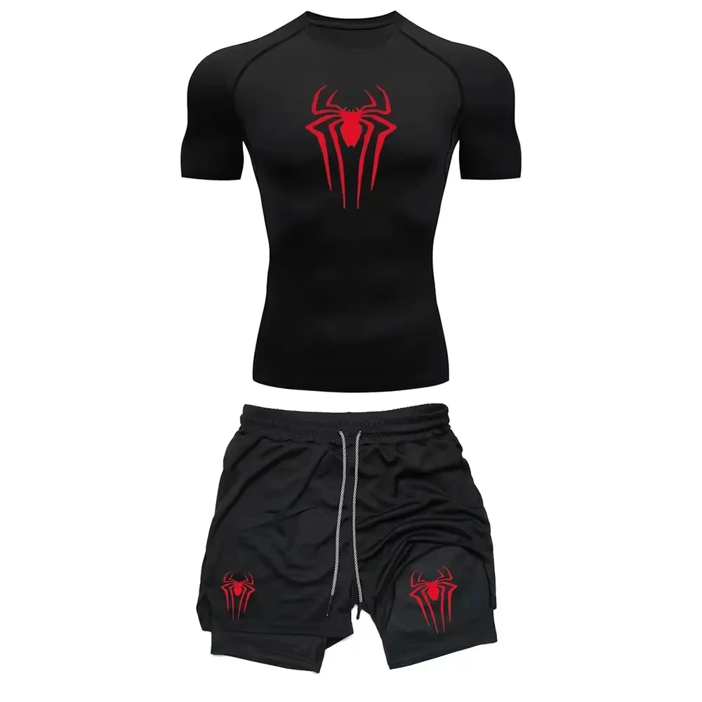 

Men's Workout Compression Set Y2K Spider Printed Gym Tshirts Breathable Running Shorts Quick Dry Sports Rash Guard Sportwear Set