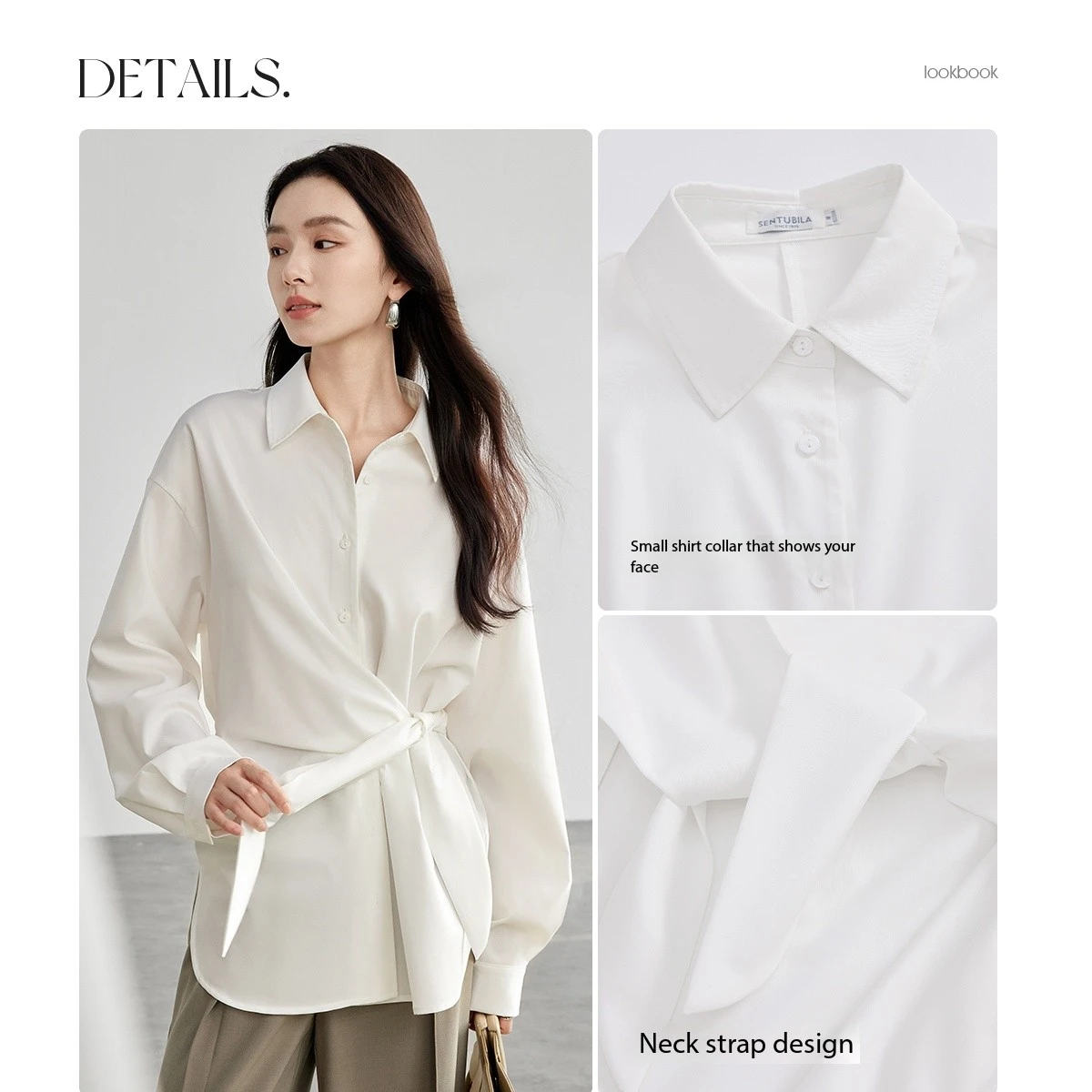 SENTUBILA Women's Shirt Waist Cinching Spring New Lace-up Long Sleeve Turn Down Collar Design Sense Top Slimming Shirt 151C57886