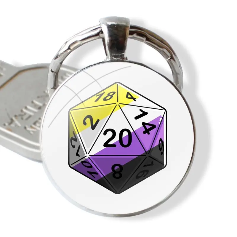 Pronoun Check Nonbinary Pride D20 They T Keychain Handmade Glass Cabochon Key Ring Holder Pendant Key Chains