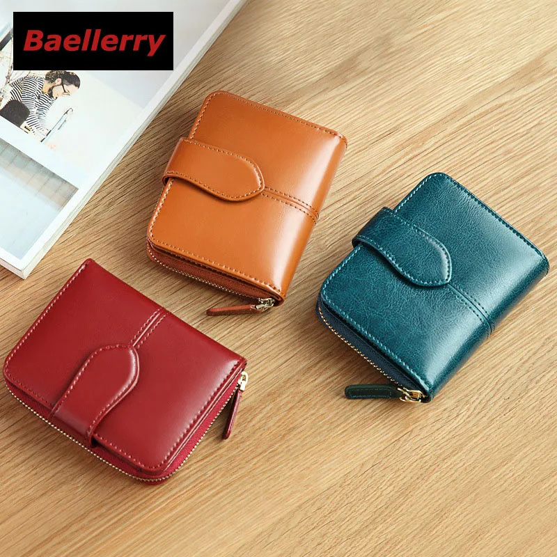 Oil Wax Women Wallet Genuine Leather Small Short Zipper Card Holders Coin Purses Red Wallets for Women High Quality RFID Wallet