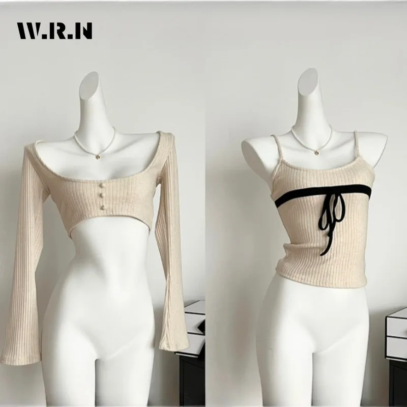 Women Korean Fashion Coquette Two Piece Sets Cropped Sweater Pullovers Top Jumper Design Gyaru Knitwears 2000s Tide Fall Winter