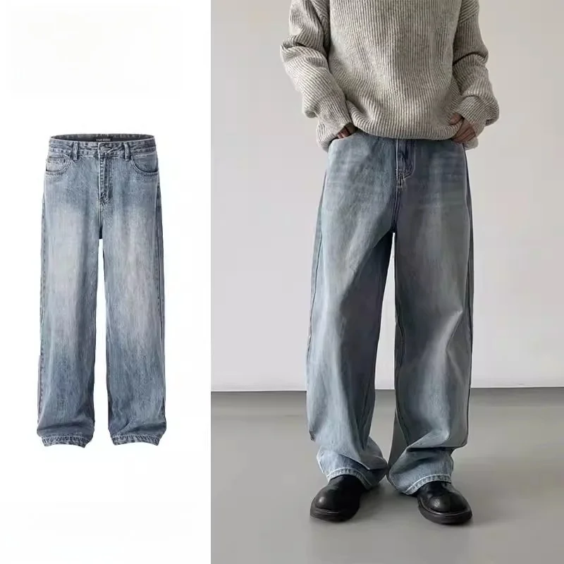 

Washed Distressed Straight Leg Blue Jeans Men's Casual Loose Wide Leg Simple Fashionable Straight Cut Polyester Blend Trousers