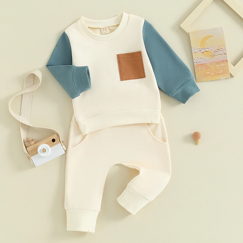 

Toddler Baby Boy Fall Winter Color-blocked Clothes Set Long Sleeve Sweatshirt Pants Simply Clothes Set