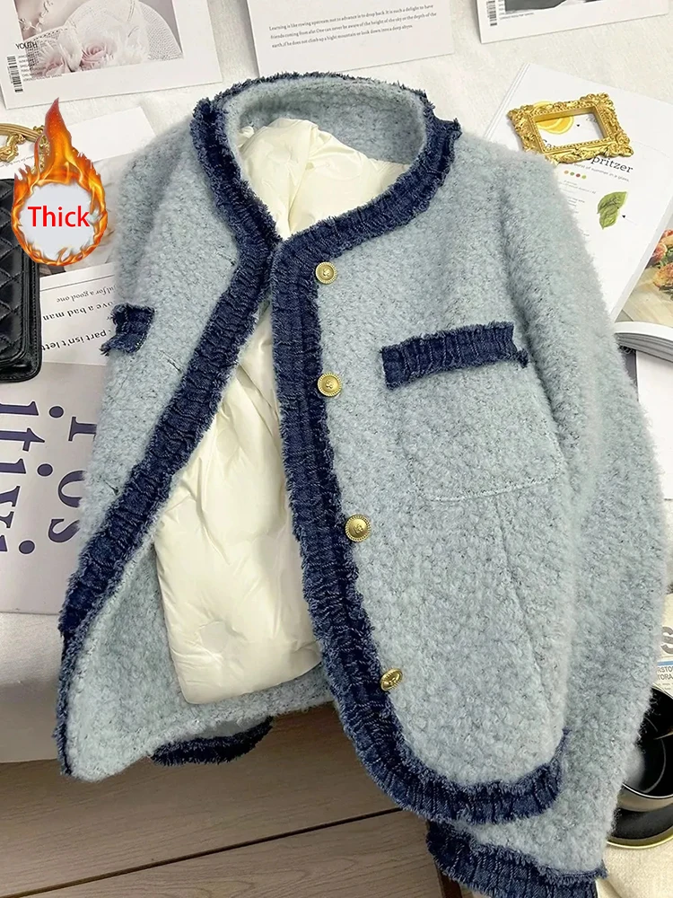 

Zoki Sweet Толстая теплая твидовая куртка женская с круглым вырезом и длинным рукавом зимнее хлопковое пальто элегантная модная лоскутная корейская шикарная верхняя одежда топ