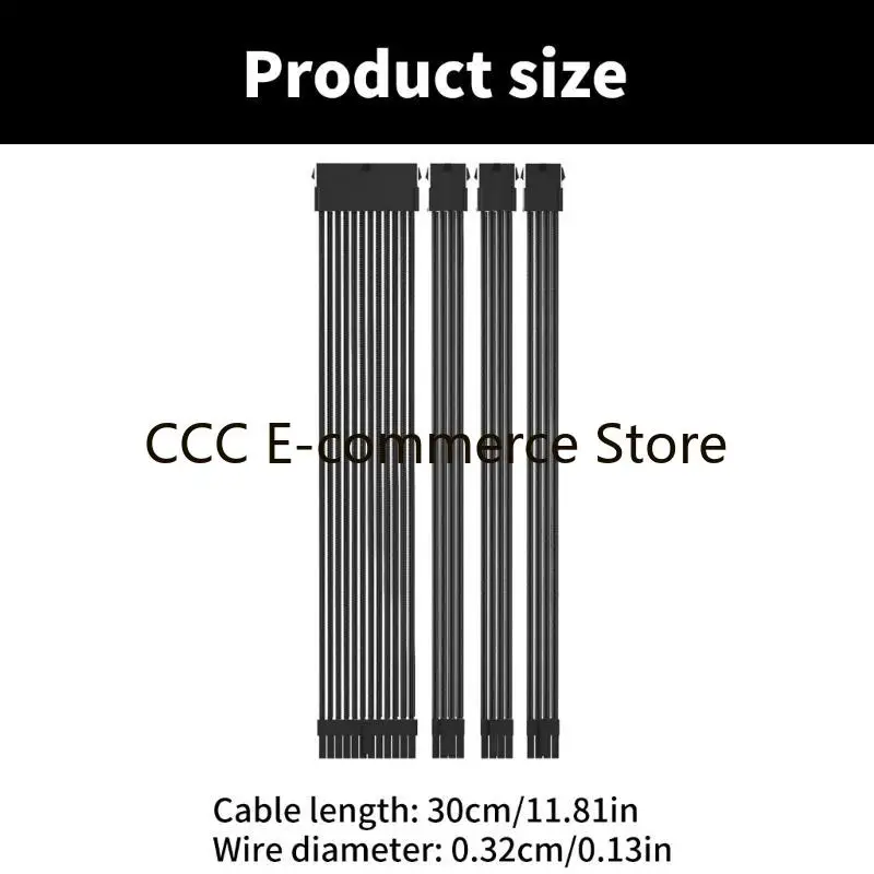 Soft Braided 18AWG PC Power Extension Cables Set, 1x24Pin Motherboards 1x8Pin CPU 2x8Pin GPU 30cm with Cable Combs R58A
