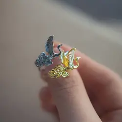China-Chic Cloud Crane Carving Auspicious Cloud Ring Fashion Tail Ring Adjustable Ancient Style Ornaments for Men and Women Gift