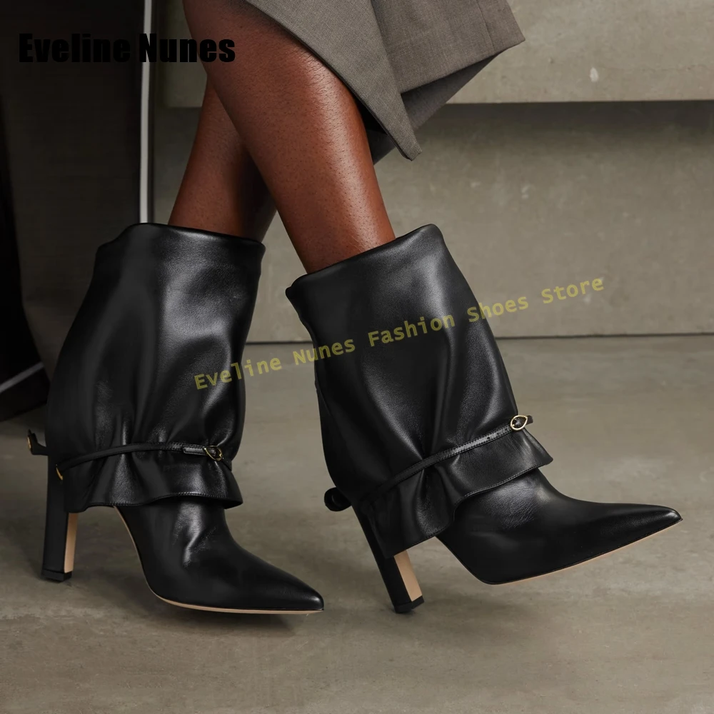 

Женские черные модные сапоги с рукавами, острый носок, блочные каблуки, пряжка на ремне, складные сапоги до колена с пикантным дизайном для девочек