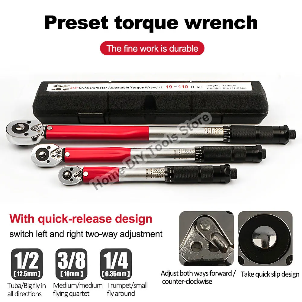 

5-210N.m Torque Wrench 1/2'' 3/8'' 1/4'' Square Drive Preset Bicycle Torques Key Two-way Ratchet Car Bike Automotive Hand Tools