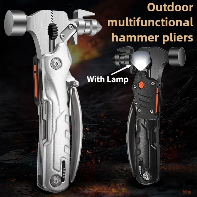 

Multi-functional Claw Hammer Pliers With Lamp Outdoor Camping Nail Hammer Multi-purpose Folding Tool Pliers Escape Hand Tools