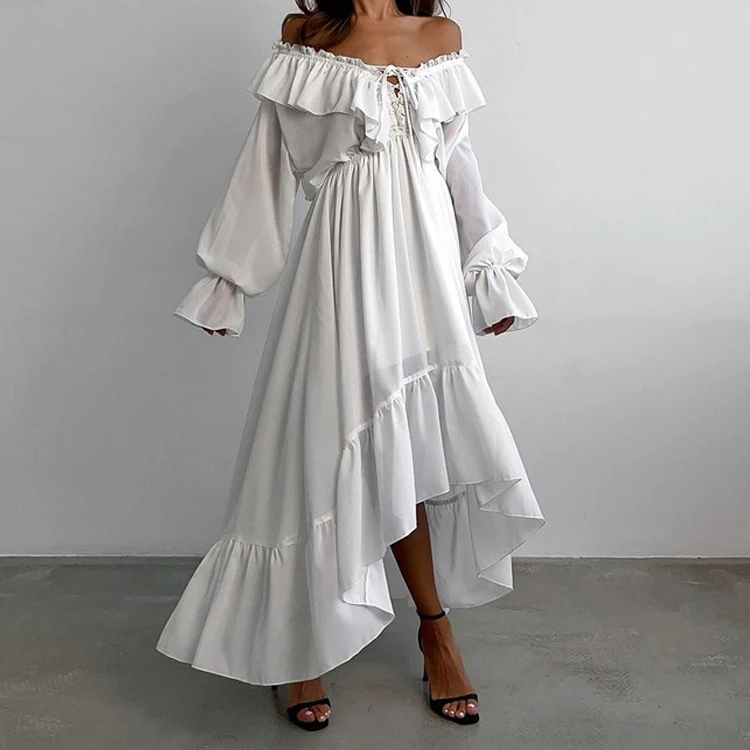 Robe longue blanche style Boho, manches longues, col en v, ample, à volants, en mousseline de soie, Maxi, vêtements, nouvelle collection 2025