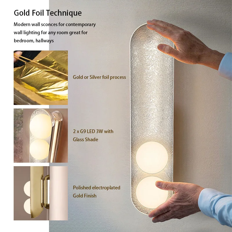 

Caren Lighting gold silver foil process Stylish vibe Futuristic Wall sconces Lamp milky white glass globes G9 3W