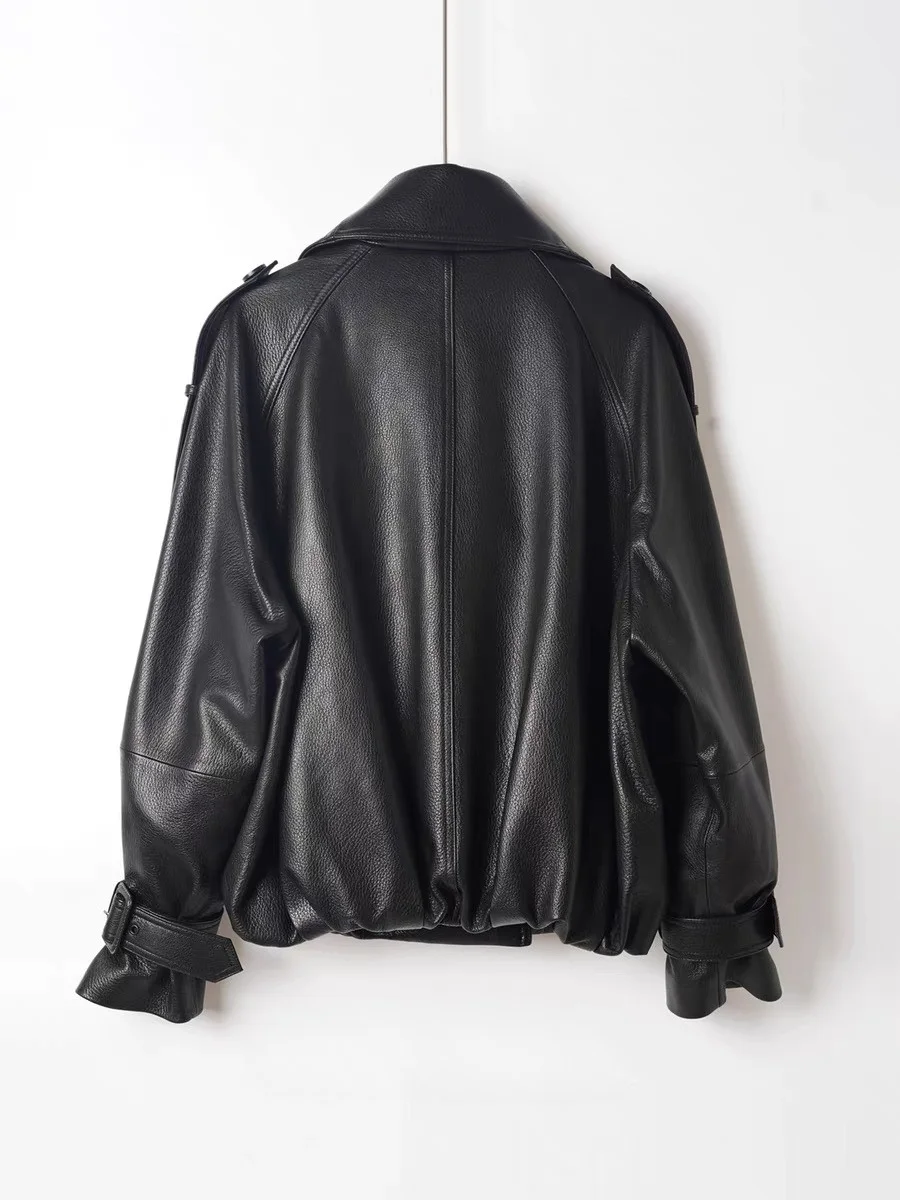 Giacca in Vera Pelle alla Moda per Donne, Moderno Cappotto Corto in Autentica Pelle di Pecora con Colletto Rialzato, Top Invernale con Risvolto