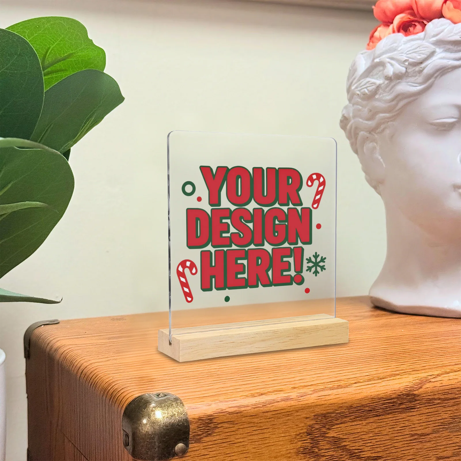 Personalized Acrylic Photo Plaque Custom Picture Name Logo 3mm Clear Acrylic Sign with Wooden Base for Desk Bedroom Decor Gift