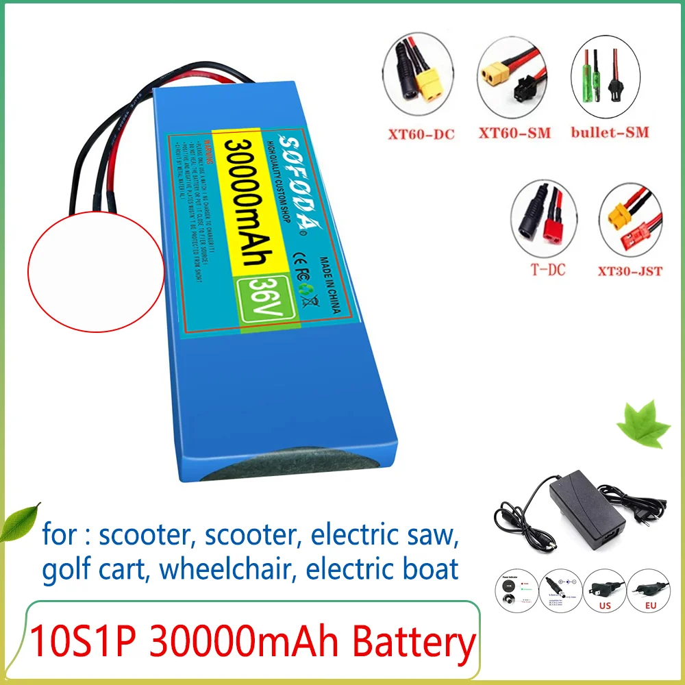 Große Kapazität 36 V 30000 mAh 10S1P 18650 Lithium-Ionen-Akku 30 Ah, mit BMS 500 W, ausgestattet mit 42 V 2 A Ladegerät