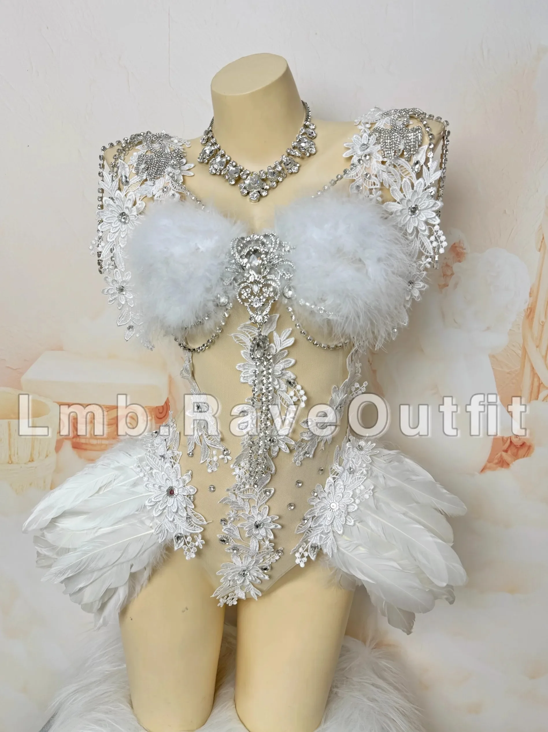 Body de luxe en plumes pour Bikini, Sexy, diamant brillant, perles, collier à pampilles, tenues de pôle danse, Costume de spectacle sur scène pour chanteur