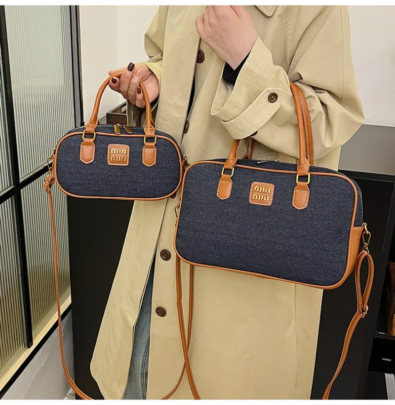 

2025 New Retro Bowling Bag - Linen Patchwork Shoulder Bag for Women, Spacious Crossbody Purse, Vintage Style Work & Travel Bag