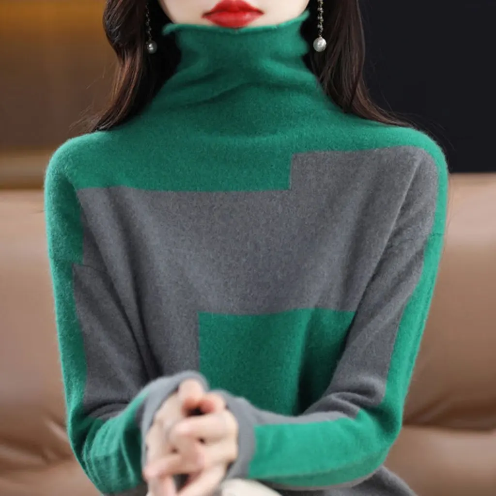 

Autumn Winter Women's Pullover Knitted Top with Pile Collar Thickened Color Matched Loose Stylish Bottoming Open Cardigan