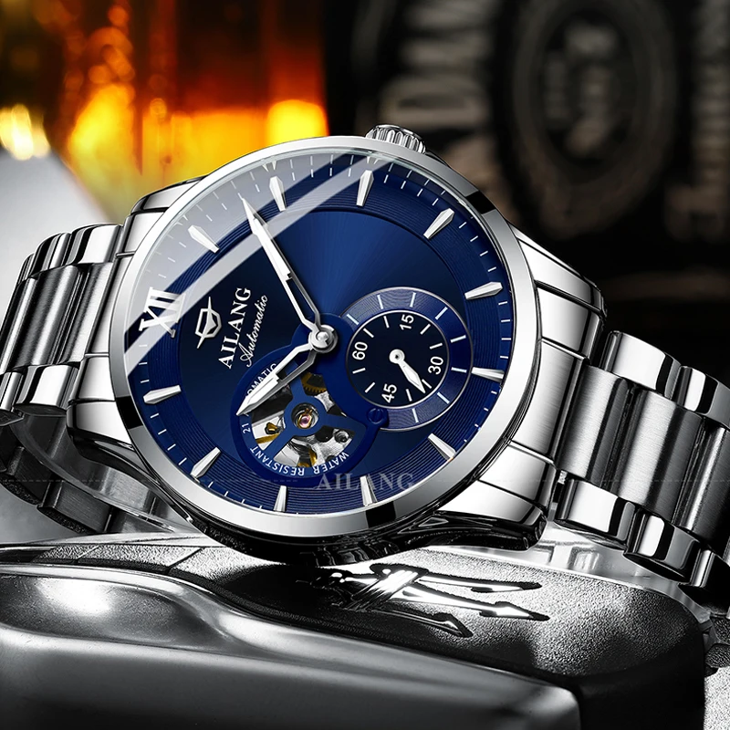 AILANG Mens Watches Top Brand Luxury Stainless Steel Mechanical Watch Men Waterproof Fashion Automatic Skeleton Wristwatches