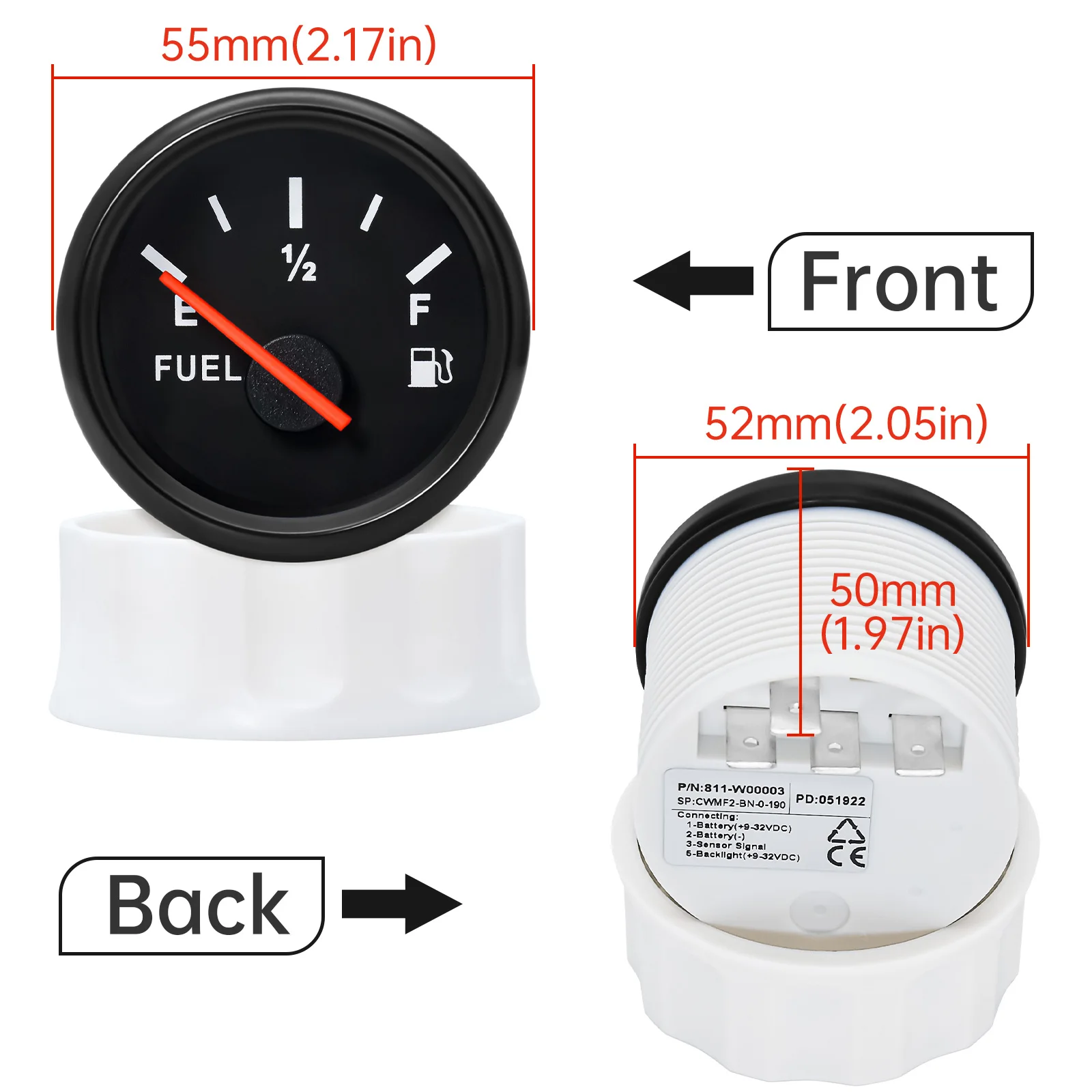 Marine Boat 52mm Fuel Level Gauge With Red Backlight 0-190ohm 100-500mm Stainless Steel Fuel Float Gauge Sensor 9-32V