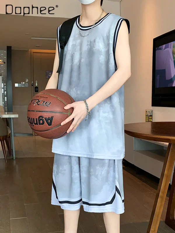 Summer Men's Ice Silk Quick-Dry Blue Gray Round Neck Vest Loose Casual Shorts Sports Set V-Neck Black Apricot Basketball Jersey