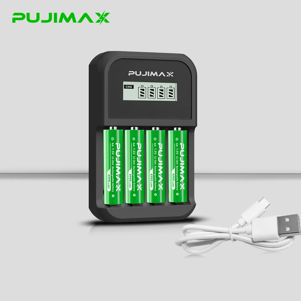 PUJIMAX شاحن بطارية 4 فتحات شحن سريع ل AA/AAA بطارية قابلة للشحن شاحن يو اس بي 1.5 فولت 1100mWh 4255mWh بطاريات ليثيوم