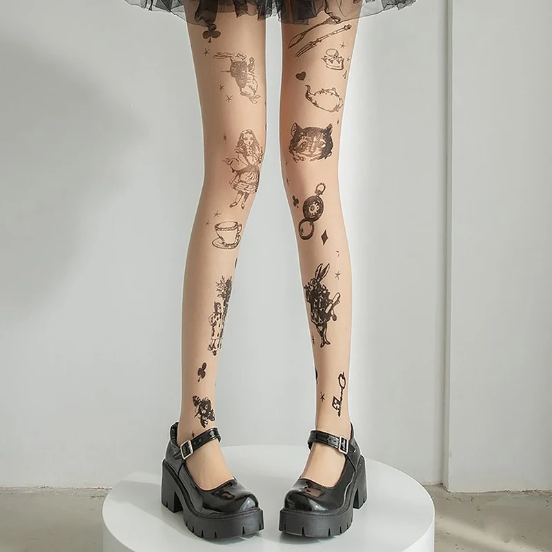 Tatuagem Lolita Girls Tights para Mulheres, Meias Altas para Coxa, Lingerie Sexy, Meias Femininas, Tatuagem JK, Y2K