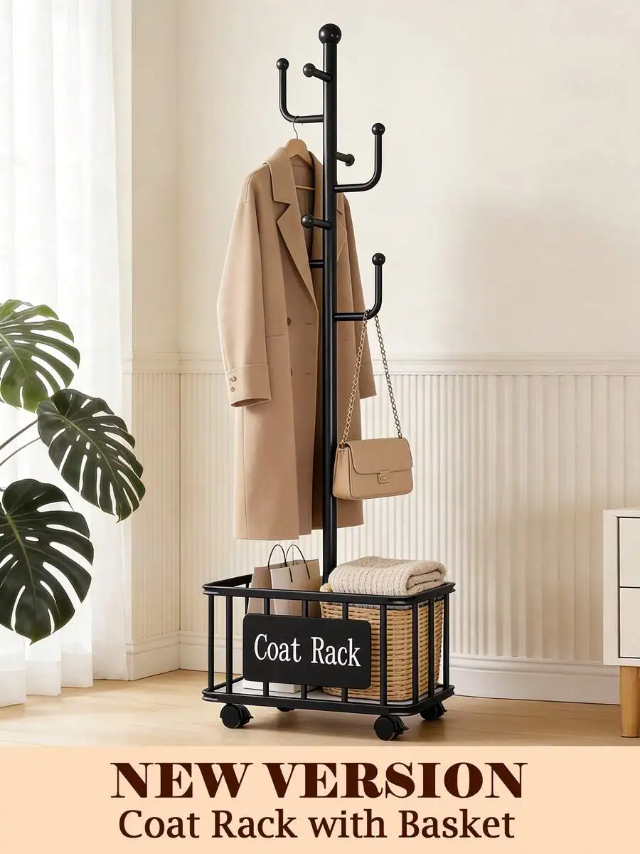 DOWIN Black Coat Rack With Storage Basket, Freestanding Clothes Rack, Coat Rack Stand For Scarves Handbags Clothes, Modern Coat Hanger Stand For Entryway, Moving Storage Rack For Bedroom Living Room Office Hallway Entrance Hallway Decor Room Decor