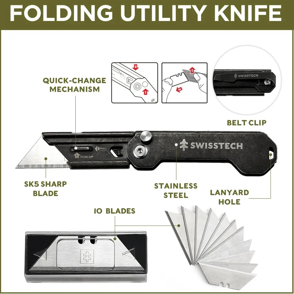 Swiss Tech Folding Utility Knife Unpacking Express Knife Pocket Knife with Belt Clip Small Cutting Blade for Cutting Box Paper