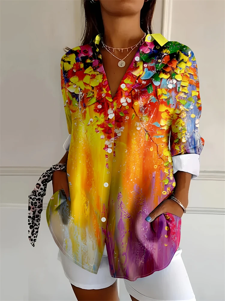 

Summer New Floral Print Shirt Ladies Daily Casual Big Size Long Sleeve Shirt Loose Comfortable Lapel Fashion Trend Ladies Shirt