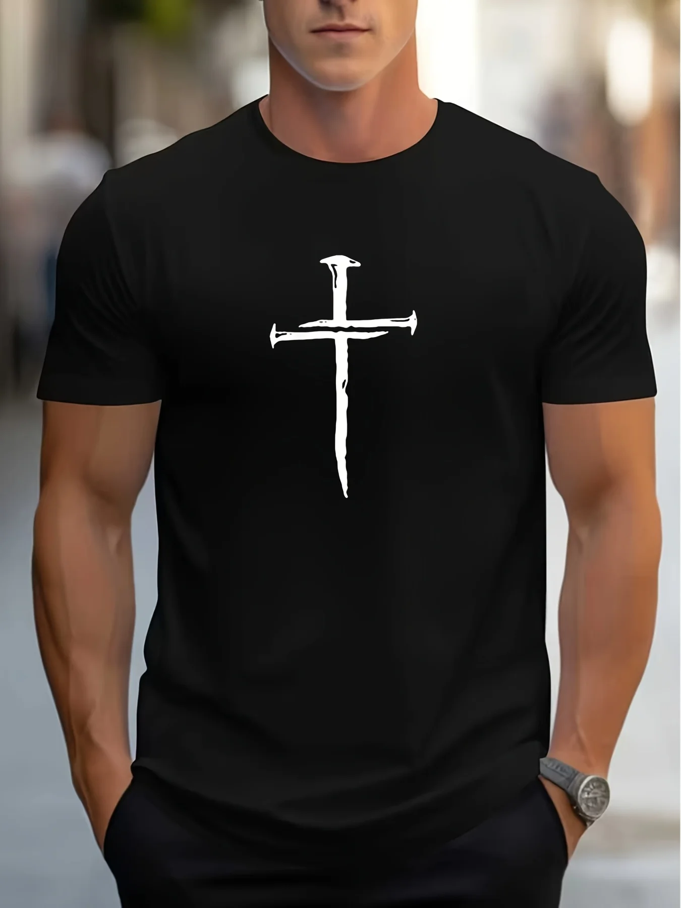 Religious Symbol Men's T-Shirt Cross and Nail Design Holy Faith Apparel Spring/Summer Gift Christian Men's Casual Short Sleeve Style Regular Fit Suitable for All Seasons Vintage Casual Short Sleeve T-Shirt Round Neck Printed Pattern