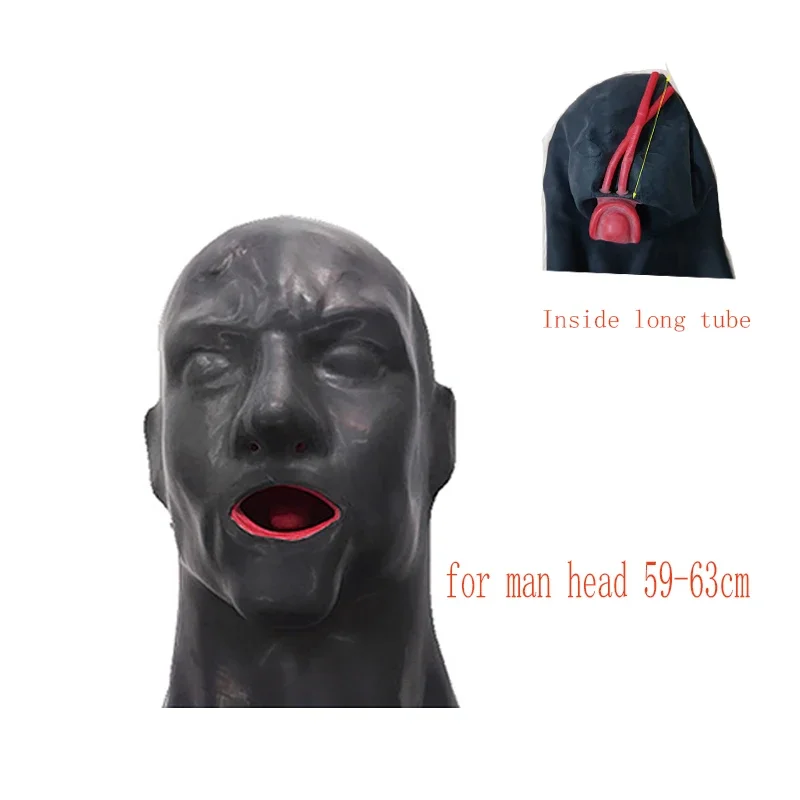 

Hot 3D Latex Hood Rubber Mask Closed Eyes Fetish Hood with Red Mouth Gag Plug Sheath Tongue Nose Tube Long and Short for Men