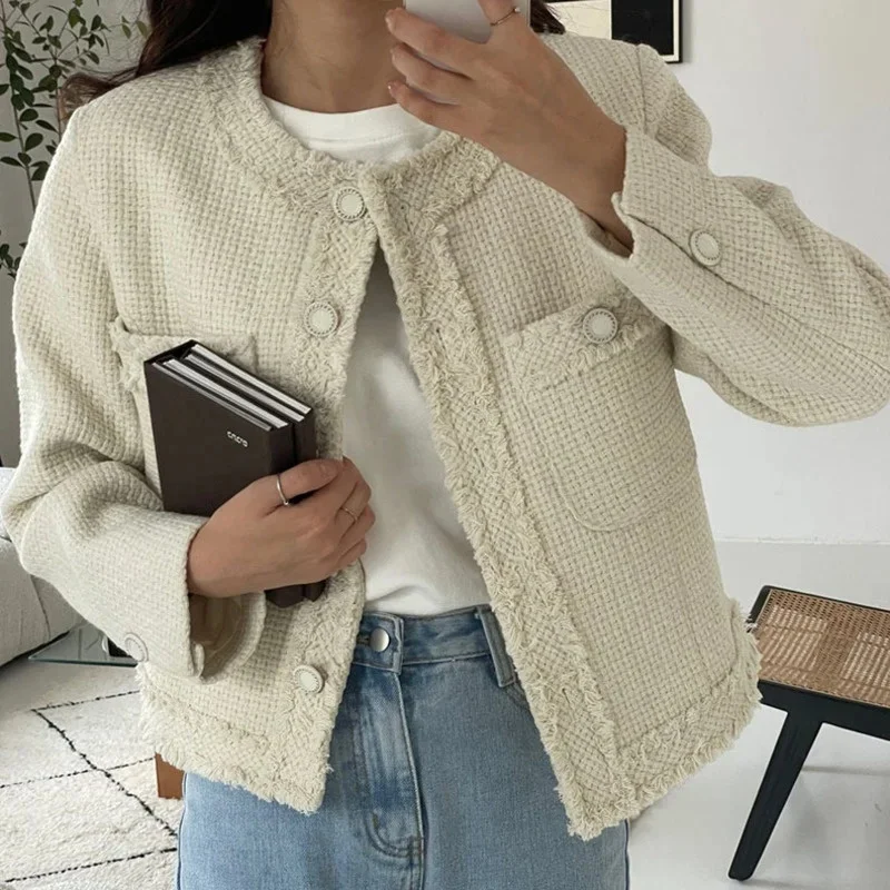 Korean Casual Tweed Woolen Jacket Double Pocket O-Neck Cropped Coat French Style Jackets Elegant Office Ladies Outerwear