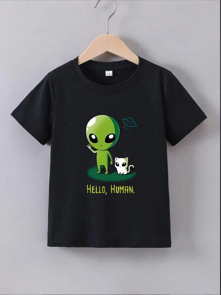 A Summer Short-Sleeve 'Alien' Print T-Shirt, Casual Round-Neck Polyester Top, Slightly Stretchy, Featuring A Cartoon In Knitted