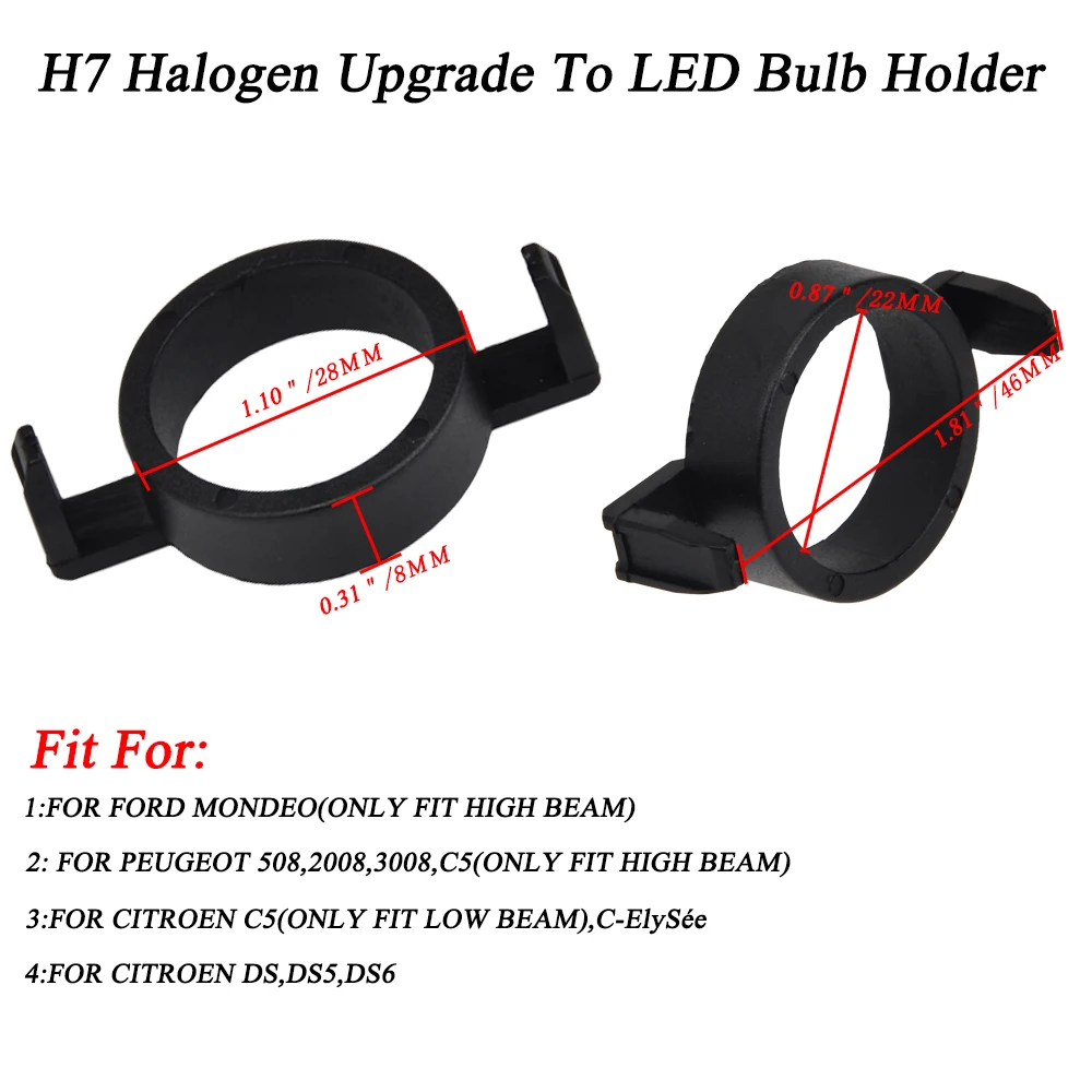 2x H7 LED Bulb Custom Adapter Socket Holder Retainer Clip for Peugeot 508 2008 3008 C5, for Mazda 3 5 6 M3 M5 M6, for Citroen C5