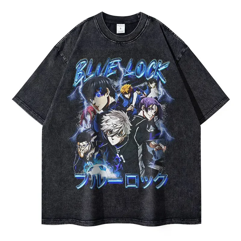 Anime Blue Lock T Shirts Oversized Vintage Washed Isagi Yoichi T-shirt Harajuku Manga Short Sleeve Bachira Meguru Tops Tees Men